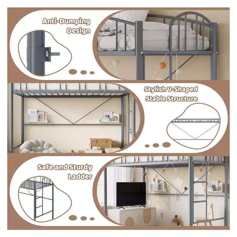 Letto a soppalco matrimoniale con scale e sponda di sicurezza ad arco Letto a piattaforma in metallo con robuste doghe Salvaspazio Silenzioso Nessuna molla richiesta Camera per bambini e dormitorio