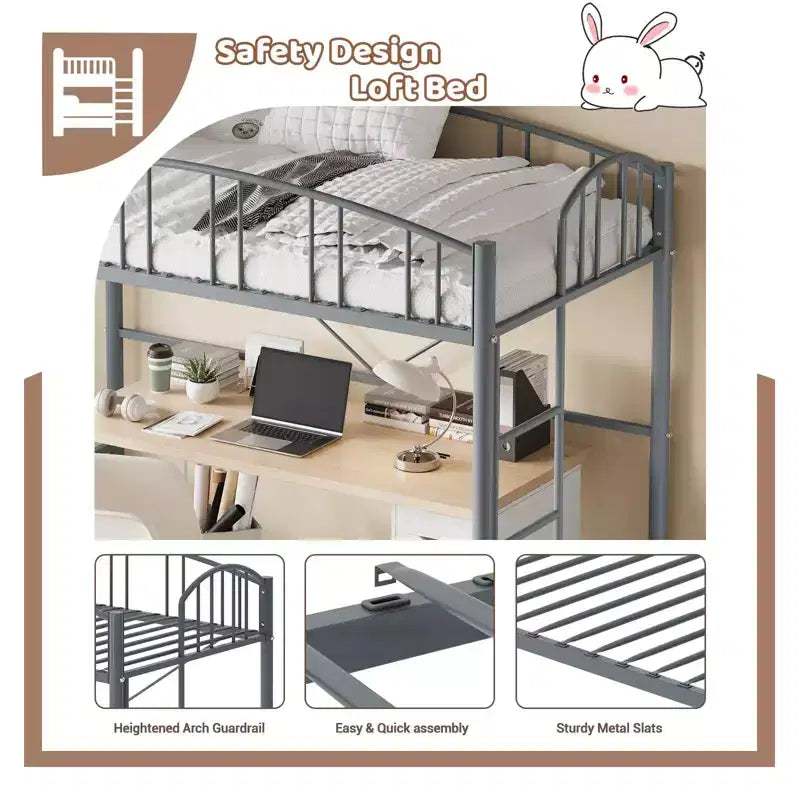Letto a soppalco matrimoniale con scale e sponda di sicurezza ad arco Letto a piattaforma in metallo con robuste doghe Salvaspazio Silenzioso Nessuna molla richiesta Camera per bambini e dormitorio