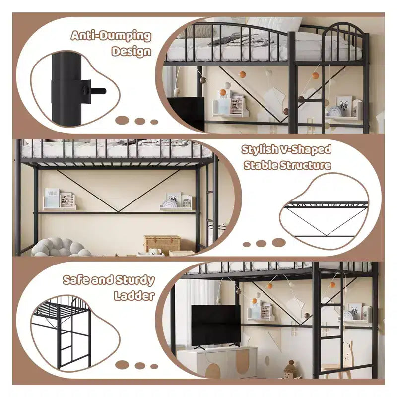 Letto a soppalco matrimoniale con scale e sponda di sicurezza ad arco Letto a piattaforma in metallo con robuste doghe Salvaspazio Silenzioso Nessuna molla richiesta Camera per bambini e dormitorio