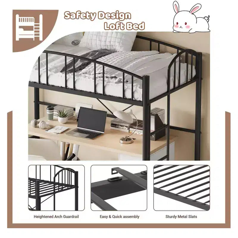 Letto a soppalco matrimoniale con scale e sponda di sicurezza ad arco Letto a piattaforma in metallo con robuste doghe Salvaspazio Silenzioso Nessuna molla richiesta Camera per bambini e dormitorio