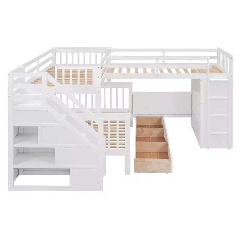 Letto a castello a L doppio su una piazza e mezza con armadio, scalinata in legno massiccio e scrivania portatile