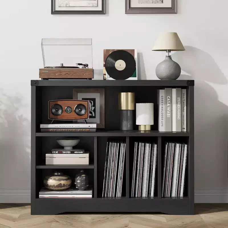 COZONY Record Player Stand with 6 Vinyl Storage, Modern Turntable Table with Record Shelf, Wooden Media Organizer for Living Room, Black