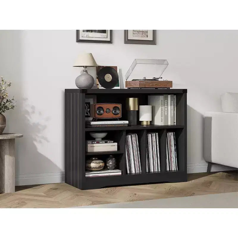 Mobile per giradischi con 6 contenitori per vinili, tavolino moderno per giradischi con ripiano per dischi, organizer multimediale in legno per soggiorno, nero