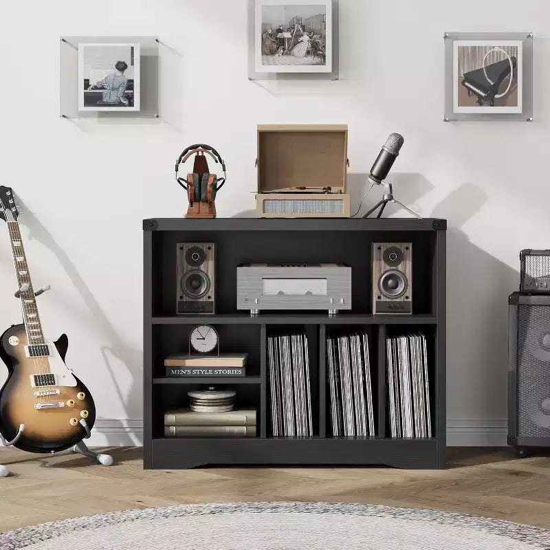 Mobile per giradischi con 6 contenitori per vinili, tavolino moderno per giradischi con ripiano per dischi, organizer multimediale in legno per soggiorno, nero