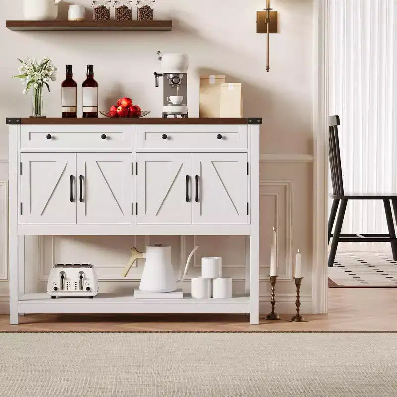 47.2 Credenza da Buffet con Ante a Scorrimento e Ripiani, Mobile da Ingresso con Cassetti e Porte Stile Fienile, Buffet Stretto Moderno per Sala da Pranzo