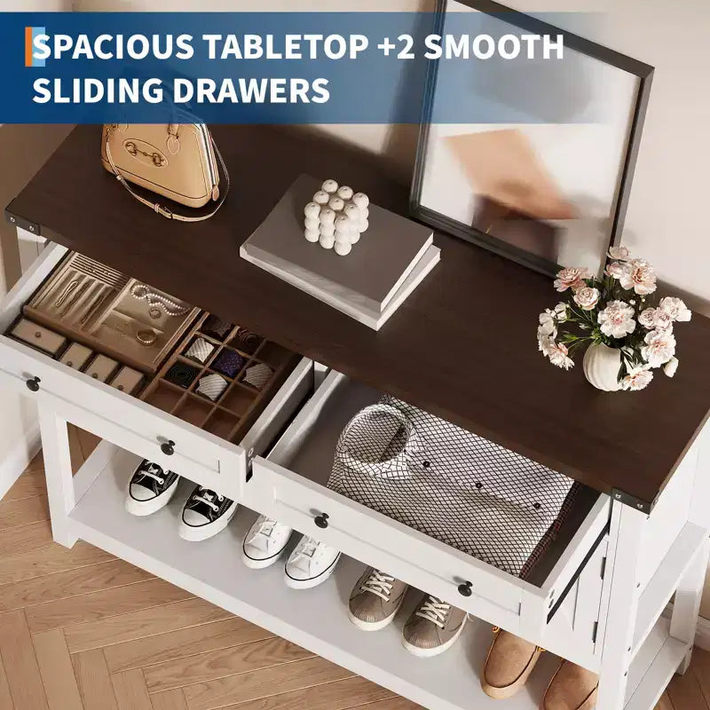 47.2 Credenza da Buffet con Ante a Scorrimento e Ripiani, Mobile da Ingresso con Cassetti e Porte Stile Fienile, Buffet Stretto Moderno per Sala da Pranzo