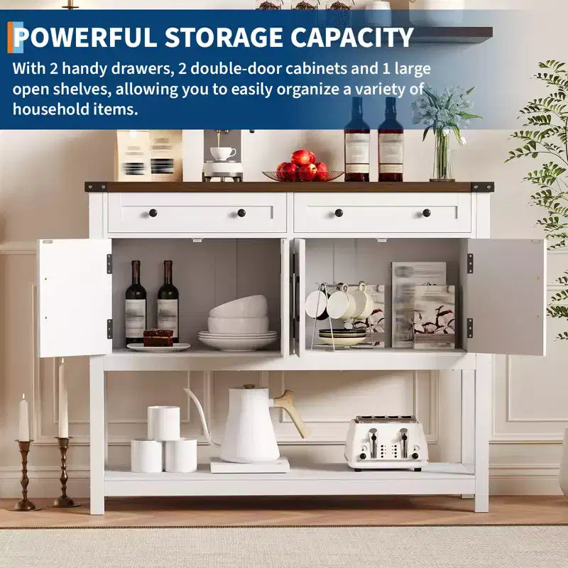 47.2 Credenza da Buffet con Ante a Scorrimento e Ripiani, Mobile da Ingresso con Cassetti e Porte Stile Fienile, Buffet Stretto Moderno per Sala da Pranzo