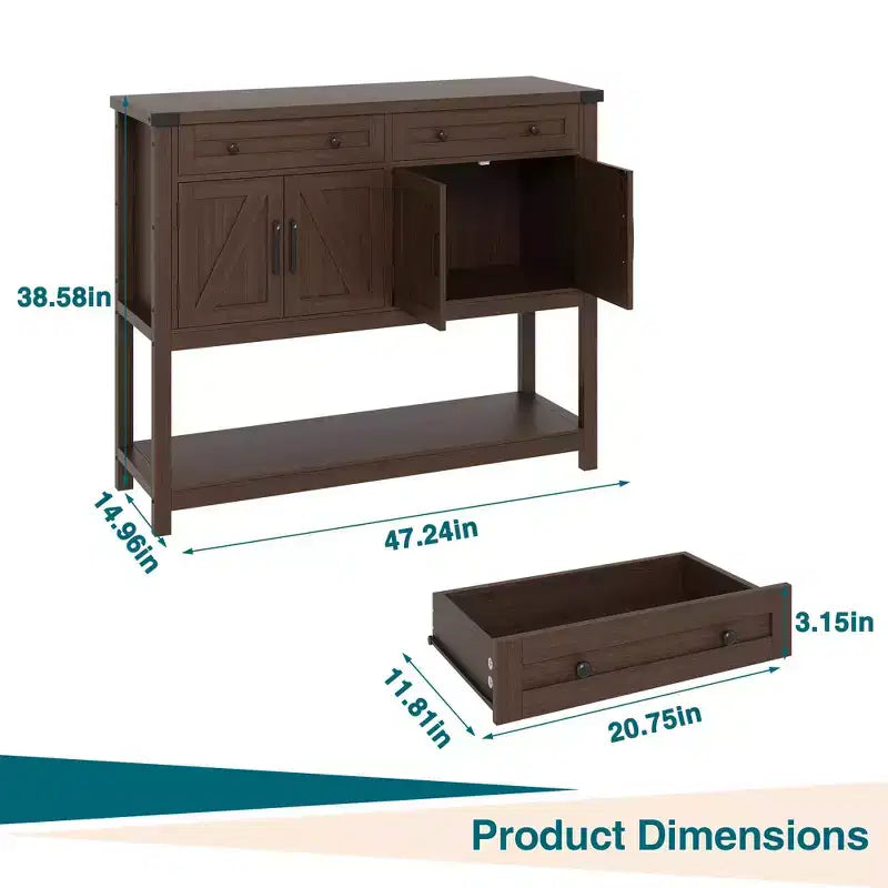 47.2 Credenza da Buffet con Ante a Scorrimento e Ripiani, Mobile da Ingresso con Cassetti e Porte Stile Fienile, Buffet Stretto Moderno per Sala da Pranzo