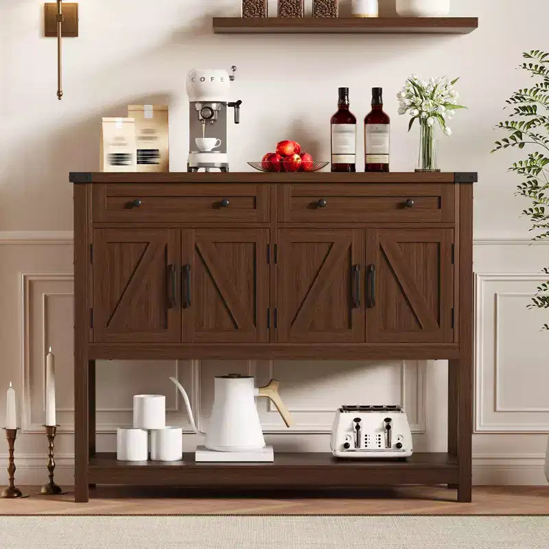 47.2 Credenza da Buffet con Ante a Scorrimento e Ripiani, Mobile da Ingresso con Cassetti e Porte Stile Fienile, Buffet Stretto Moderno per Sala da Pranzo