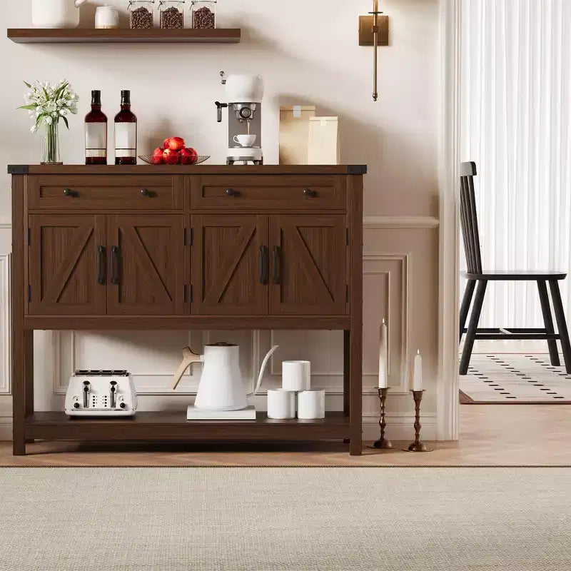 47.2 Credenza da Buffet con Ante a Scorrimento e Ripiani, Mobile da Ingresso con Cassetti e Porte Stile Fienile, Buffet Stretto Moderno per Sala da Pranzo