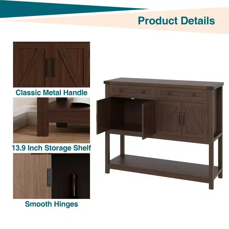 47.2 Credenza da Buffet con Ante a Scorrimento e Ripiani, Mobile da Ingresso con Cassetti e Porte Stile Fienile, Buffet Stretto Moderno per Sala da Pranzo