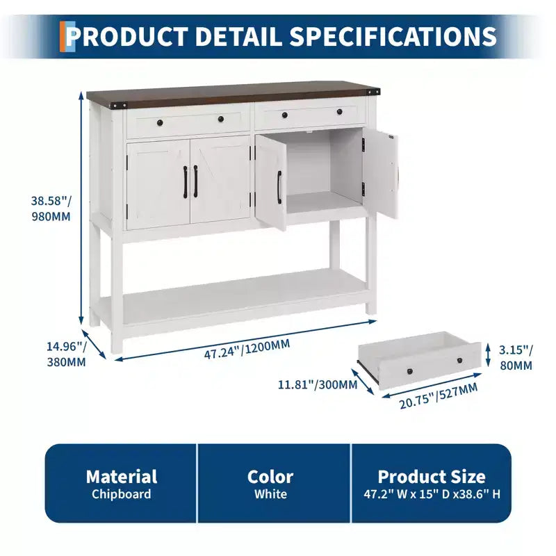 47.2 Credenza da Buffet con Ante a Scorrimento e Ripiani, Mobile da Ingresso con Cassetti e Porte Stile Fienile, Buffet Stretto Moderno per Sala da Pranzo
