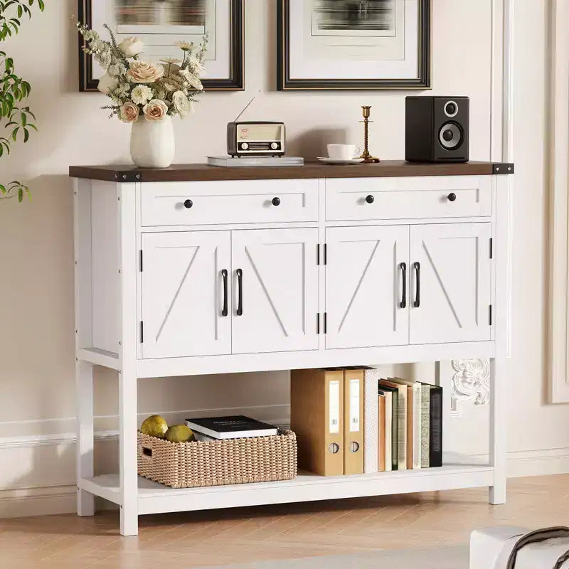 47.2 Credenza da Buffet con Ante a Scorrimento e Ripiani, Mobile da Ingresso con Cassetti e Porte Stile Fienile, Buffet Stretto Moderno per Sala da Pranzo