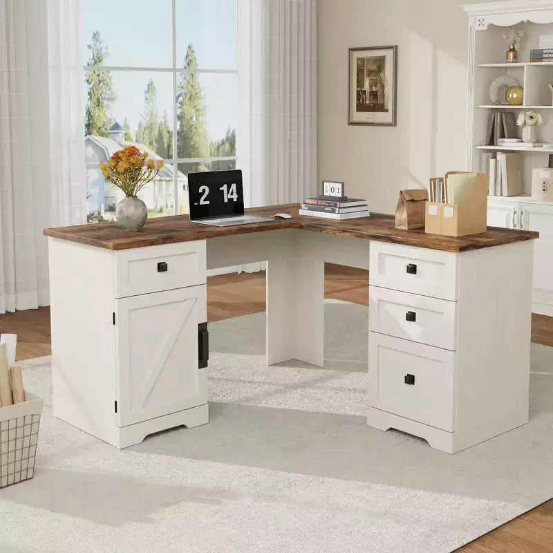 Scrivania direzionale a L (60) Scrivania ad angolo da ufficio stile rustico con cassetti per documenti e armadietto contenitore regolabile, ideale per l'home office o lo studio