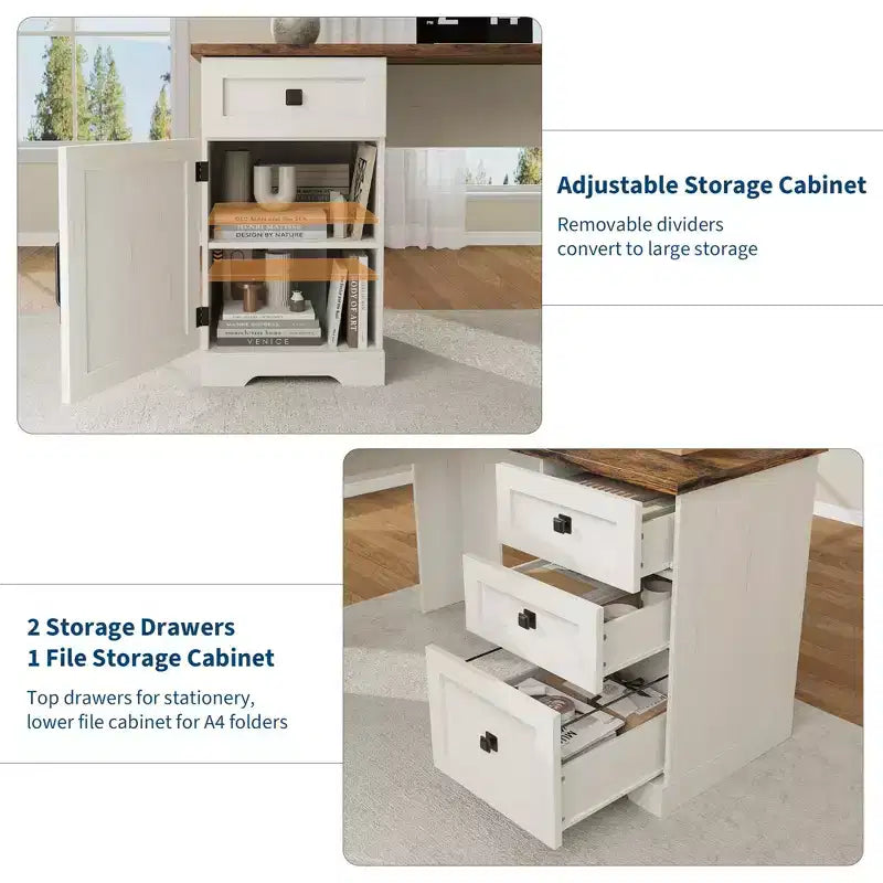 Scrivania direzionale a L (60) Scrivania ad angolo da ufficio stile rustico con cassetti per documenti e armadietto contenitore regolabile, ideale per l'home office o lo studio