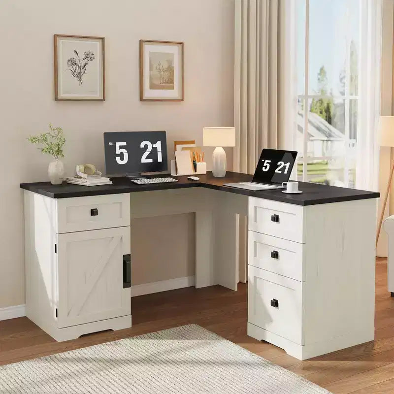 Scrivania direzionale a L (60) Scrivania ad angolo da ufficio stile rustico con cassetti per documenti e armadietto contenitore regolabile, ideale per l'home office o lo studio