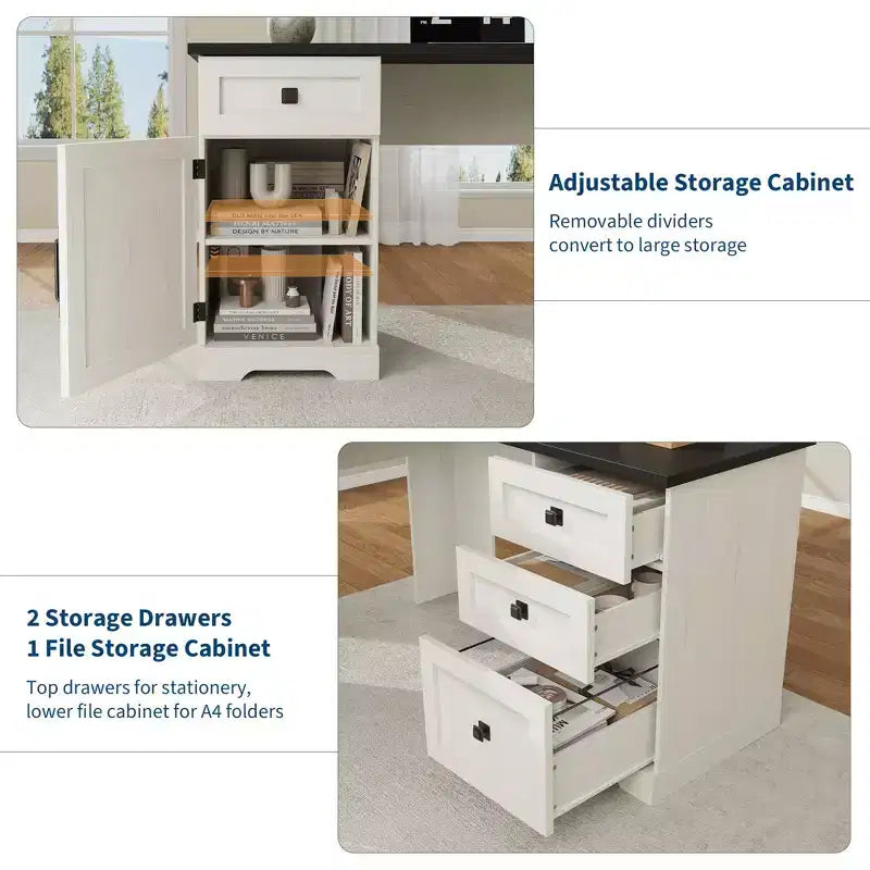 Scrivania direzionale a L (60) Scrivania ad angolo da ufficio stile rustico con cassetti per documenti e armadietto contenitore regolabile, ideale per l'home office o lo studio