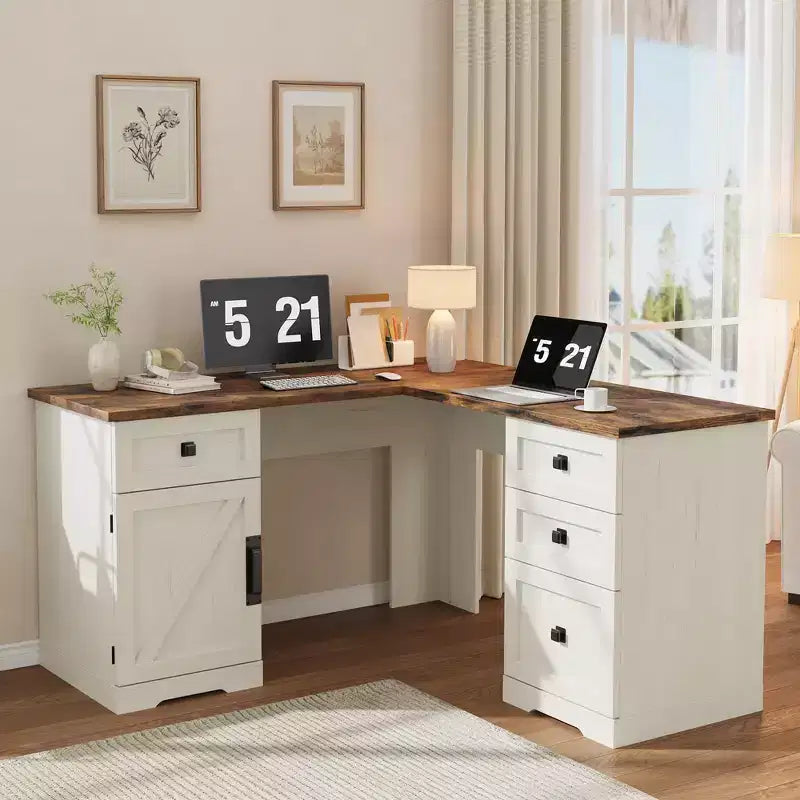 Scrivania direzionale a L (60) Scrivania ad angolo da ufficio stile rustico con cassetti per documenti e armadietto contenitore regolabile, ideale per l'home office o lo studio
