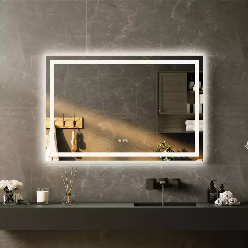 Specchio da bagno grande 60x36 pollici, specchio da parete senza cornice con luci a LED frontali e retroilluminate per lavabo, ingresso, camera da letto