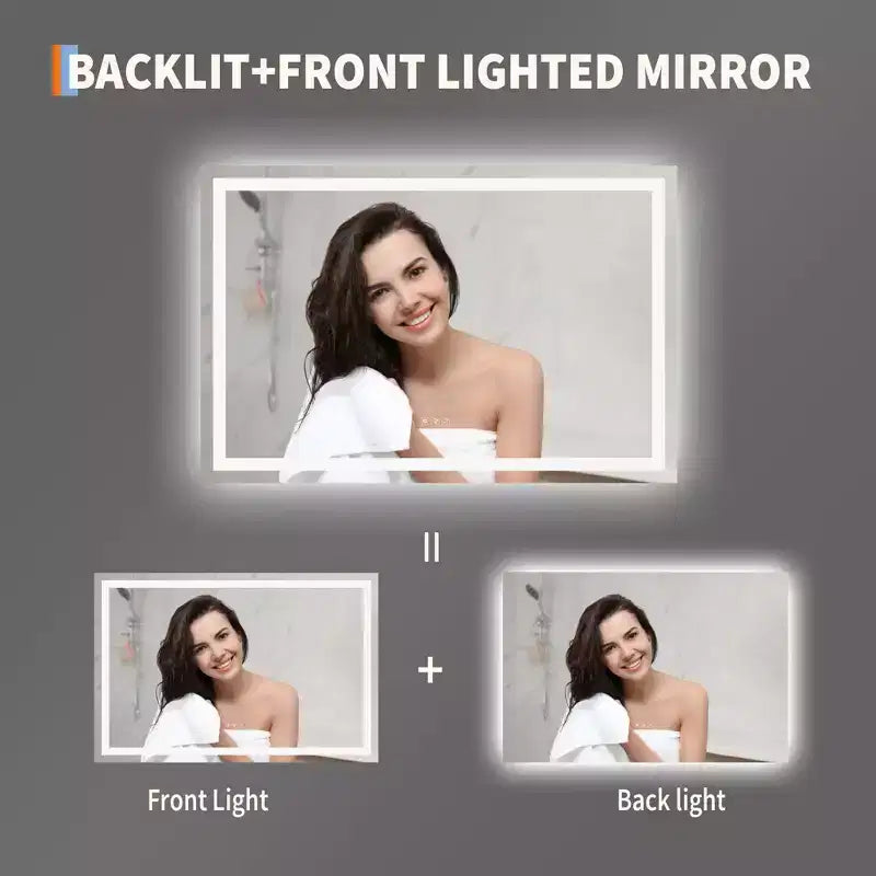 Specchio da bagno grande 60x36 pollici, specchio da parete senza cornice con luci a LED frontali e retroilluminate per lavabo, ingresso, camera da letto