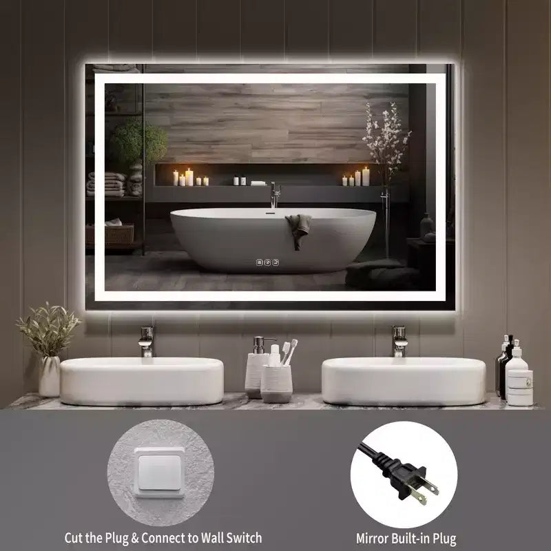 Specchio da bagno grande 60x36 pollici, specchio da parete senza cornice con luci a LED frontali e retroilluminate per lavabo, ingresso, camera da letto