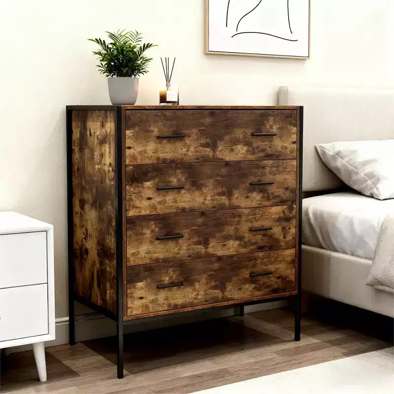 Comò a 4 cassetti stile industriale, cassettiera portaoggetti in legno MDF marrone rustico con robusto telaio in acciaio, organizer per vestiti, armadietto per camera da letto, soggiorno