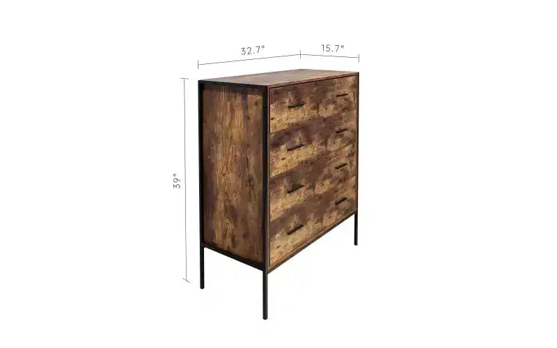 Comò a 4 cassetti stile industriale, cassettiera portaoggetti in legno MDF marrone rustico con robusto telaio in acciaio, organizer per vestiti, armadietto per camera da letto, soggiorno