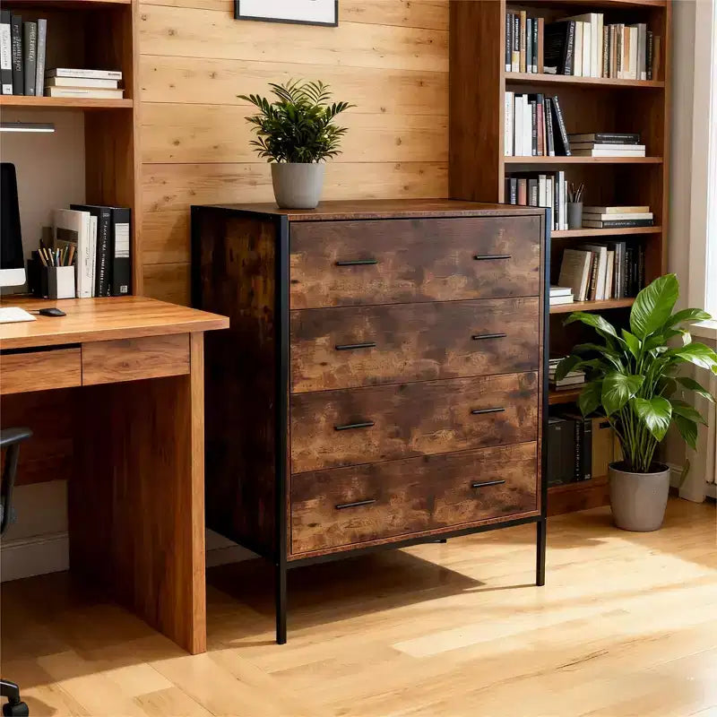 Comò a 4 cassetti stile industriale, cassettiera portaoggetti in legno MDF marrone rustico con robusto telaio in acciaio, organizer per vestiti, armadietto per camera da letto, soggiorno