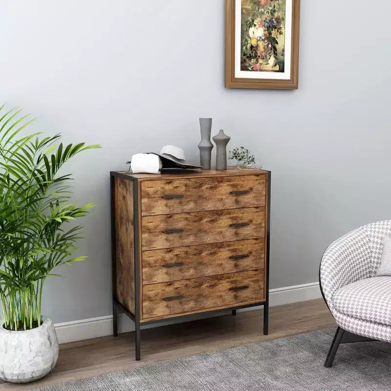 Comò a 4 cassetti stile industriale, cassettiera portaoggetti in legno MDF marrone rustico con robusto telaio in acciaio, organizer per vestiti, armadietto per camera da letto, soggiorno