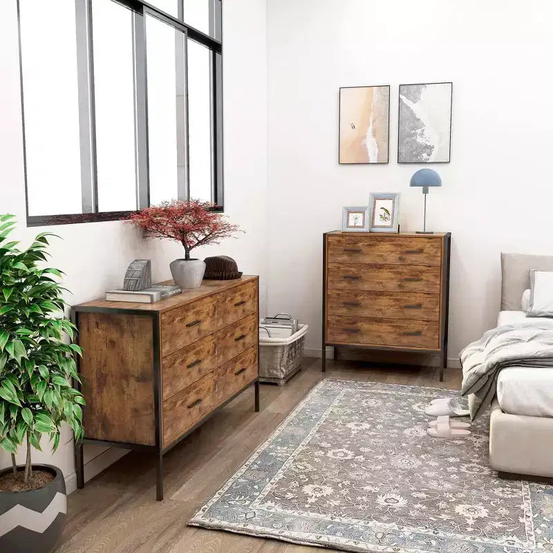 Comò a 4 cassetti stile industriale, cassettiera portaoggetti in legno MDF marrone rustico con robusto telaio in acciaio, organizer per vestiti, armadietto per camera da letto, soggiorno