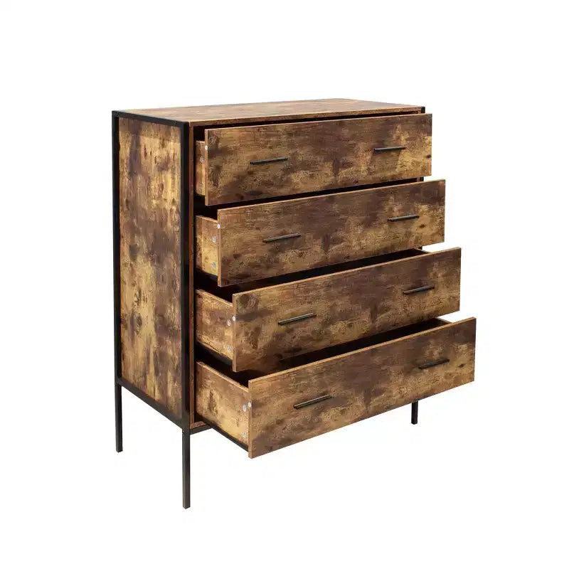 Comò a 4 cassetti stile industriale, cassettiera portaoggetti in legno MDF marrone rustico con robusto telaio in acciaio, organizer per vestiti, armadietto per camera da letto, soggiorno