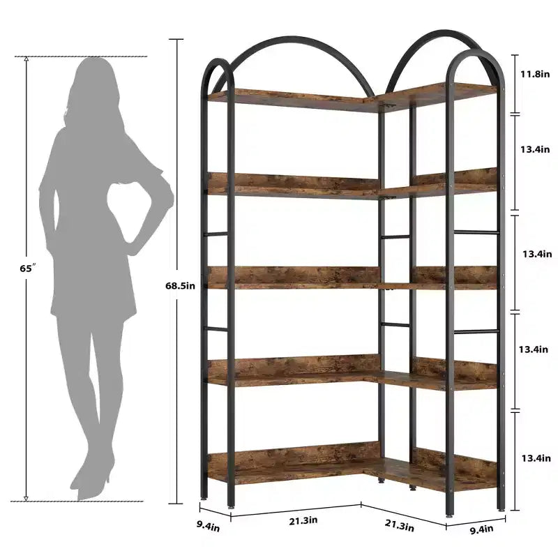 Libreria ad Angolo Industriale a 5 Ripiani a L, Scaffale ad Angolo Arcuato con Cornice in Metallo, Grande Libreria per Soggiorno e Camera da Letto