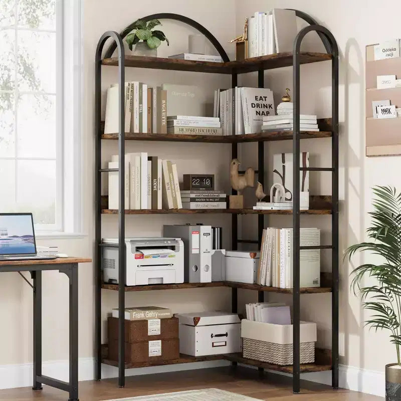 Libreria ad Angolo Industriale a 5 Ripiani a L, Scaffale ad Angolo Arcuato con Cornice in Metallo, Grande Libreria per Soggiorno e Camera da Letto