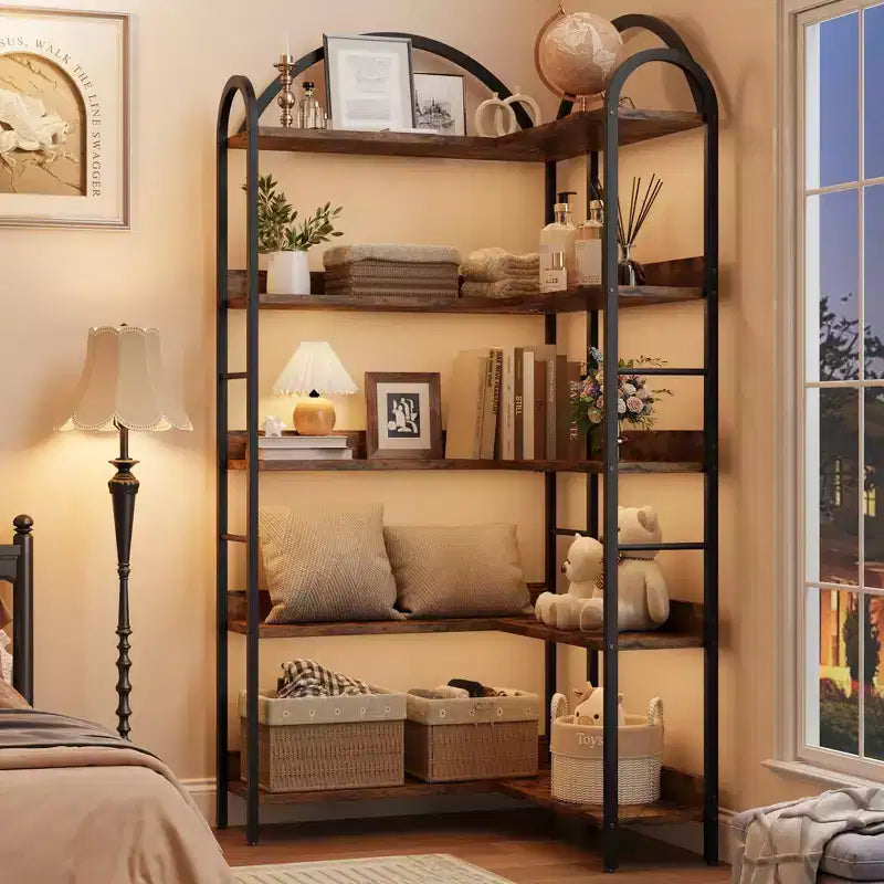 Libreria ad Angolo Industriale a 5 Ripiani a L, Scaffale ad Angolo Arcuato con Cornice in Metallo, Grande Libreria per Soggiorno e Camera da Letto