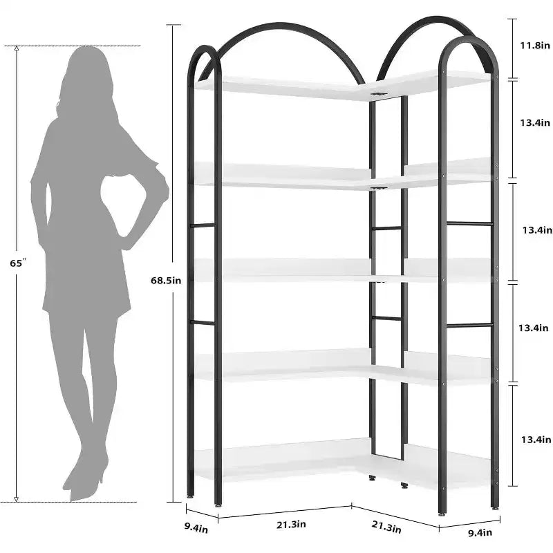 Libreria ad Angolo Industriale a 5 Ripiani a L, Scaffale ad Angolo Arcuato con Cornice in Metallo, Grande Libreria per Soggiorno e Camera da Letto