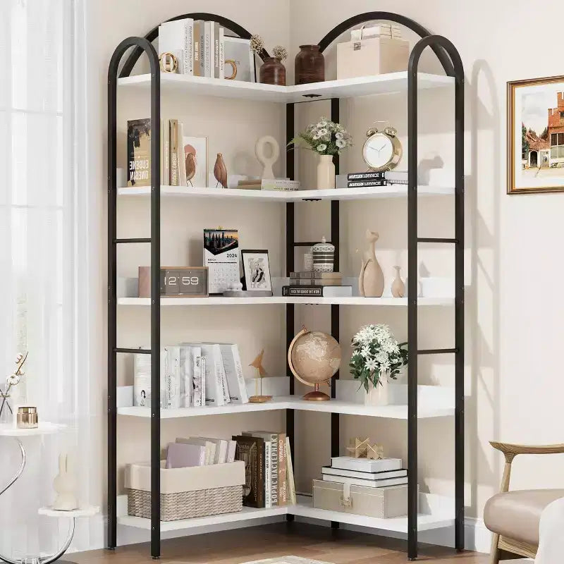 Libreria ad Angolo Industriale a 5 Ripiani a L, Scaffale ad Angolo Arcuato con Cornice in Metallo, Grande Libreria per Soggiorno e Camera da Letto