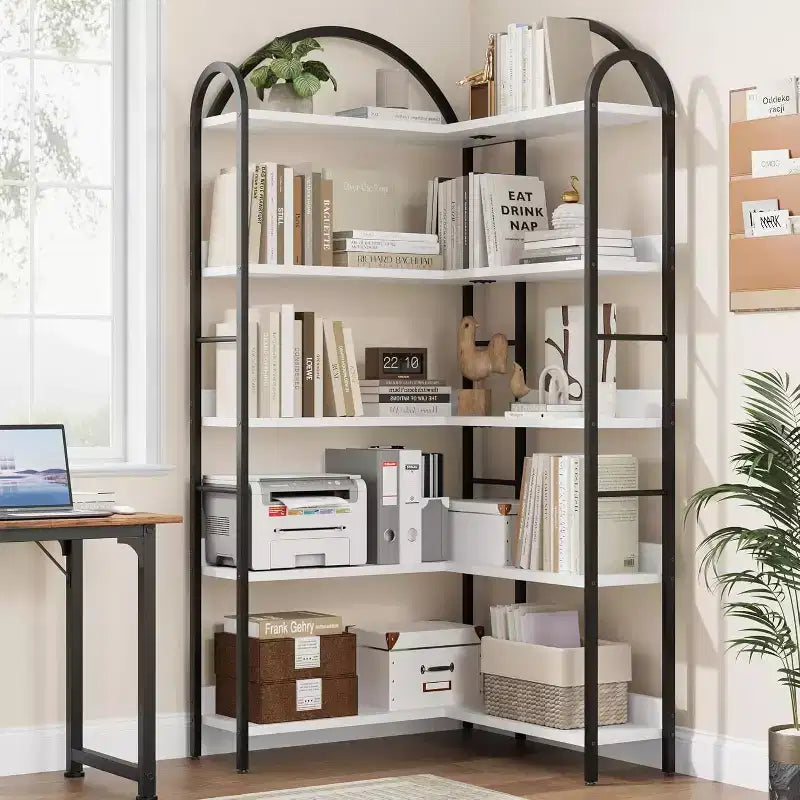 Libreria ad Angolo Industriale a 5 Ripiani a L, Scaffale ad Angolo Arcuato con Cornice in Metallo, Grande Libreria per Soggiorno e Camera da Letto