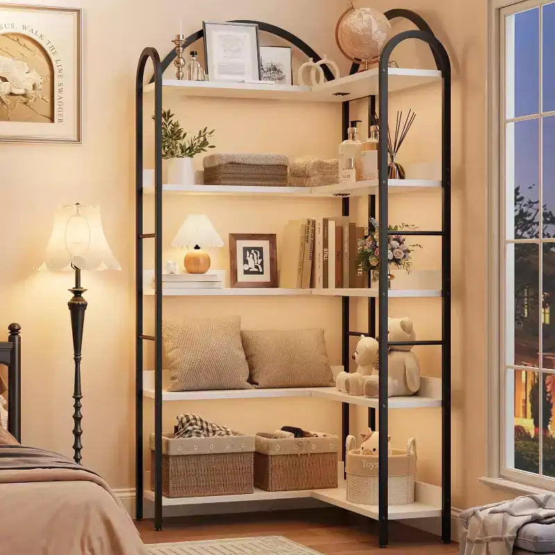 Libreria ad Angolo Industriale a 5 Ripiani a L, Scaffale ad Angolo Arcuato con Cornice in Metallo, Grande Libreria per Soggiorno e Camera da Letto