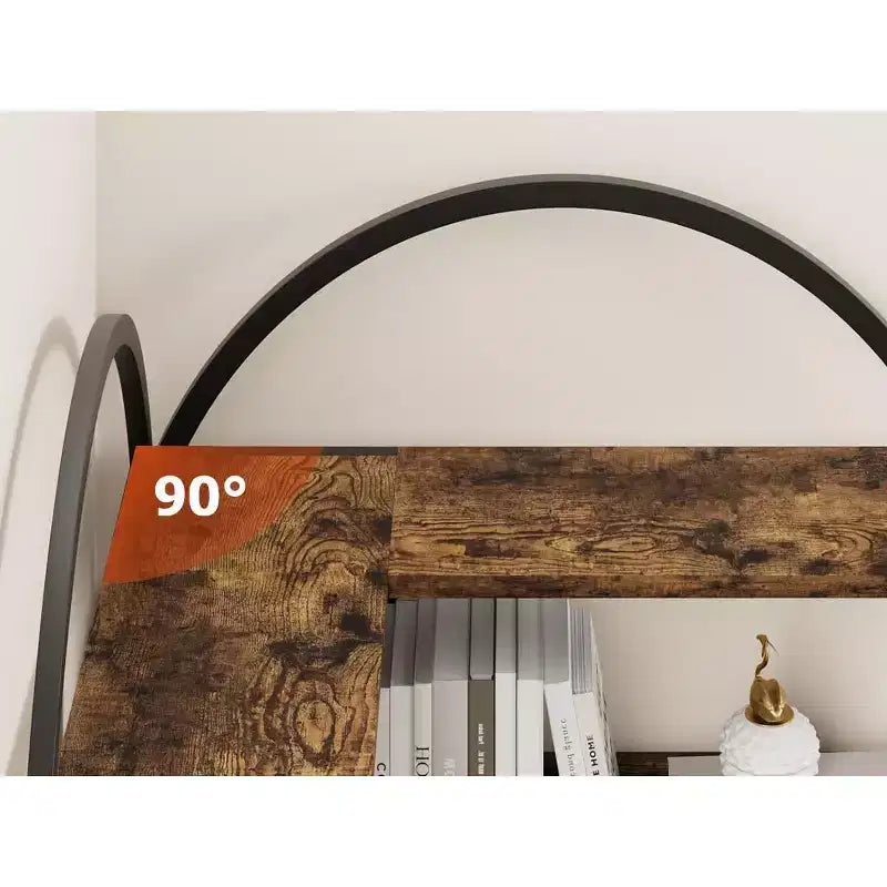 Libreria ad Angolo Industriale a 5 Ripiani a L, Scaffale ad Angolo Arcuato con Cornice in Metallo, Grande Libreria per Soggiorno e Camera da Letto