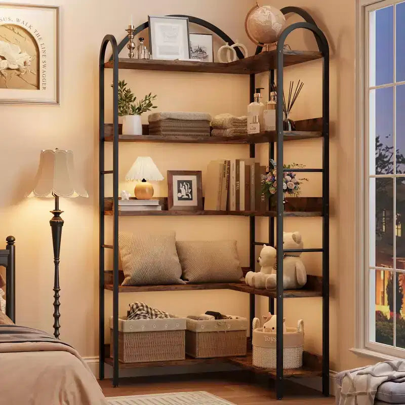 Libreria ad Angolo Industriale a 5 Ripiani a L, Scaffale ad Angolo Arcuato con Cornice in Metallo, Grande Libreria per Soggiorno e Camera da Letto