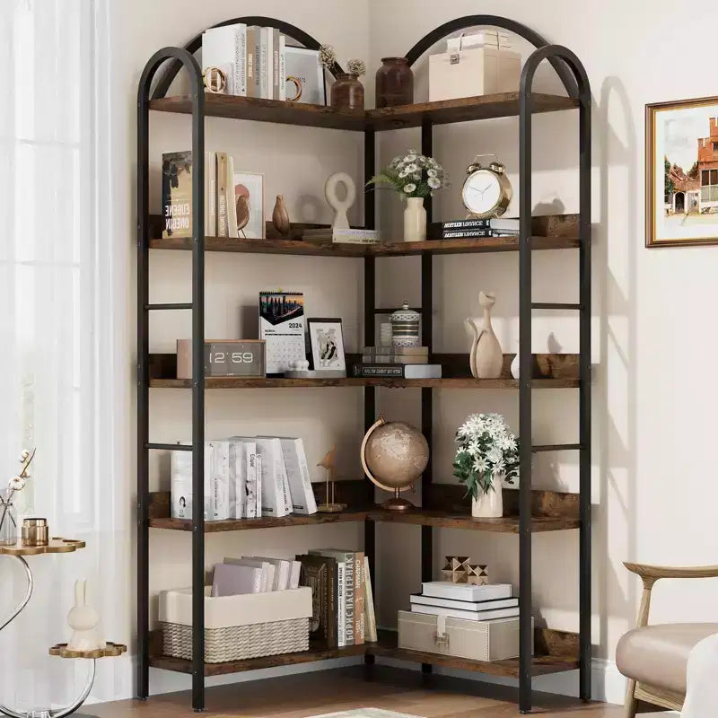 Libreria ad Angolo Industriale a 5 Ripiani a L, Scaffale ad Angolo Arcuato con Cornice in Metallo, Grande Libreria per Soggiorno e Camera da Letto