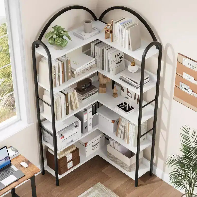 Libreria ad Angolo Industriale a 5 Ripiani a L, Scaffale ad Angolo Arcuato con Cornice in Metallo, Grande Libreria per Soggiorno e Camera da Letto