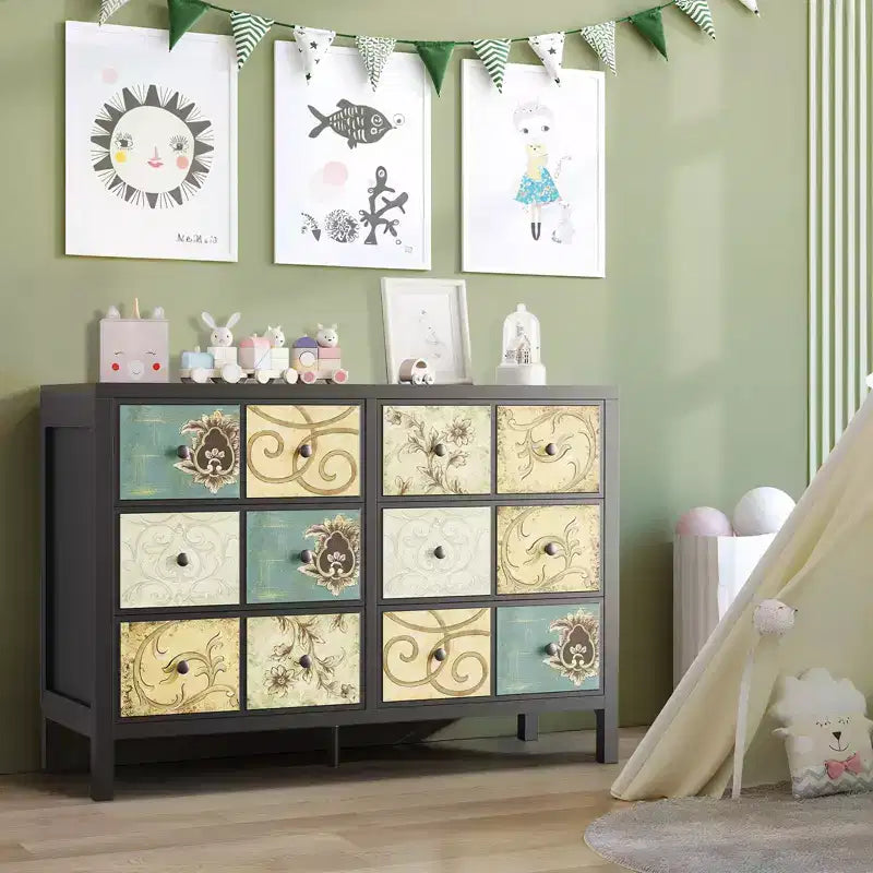 Comò a 6 cassetti per camera da letto, in legno rustico con maniglie in metallo, cassetti con motivo floreale retrò, comò in stile rustico per camera da letto