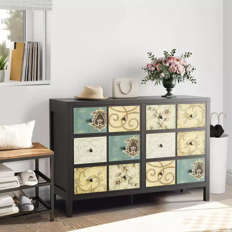 Comò a 6 cassetti per camera da letto, in legno rustico con maniglie in metallo, cassetti con motivo floreale retrò, comò in stile rustico per camera da letto