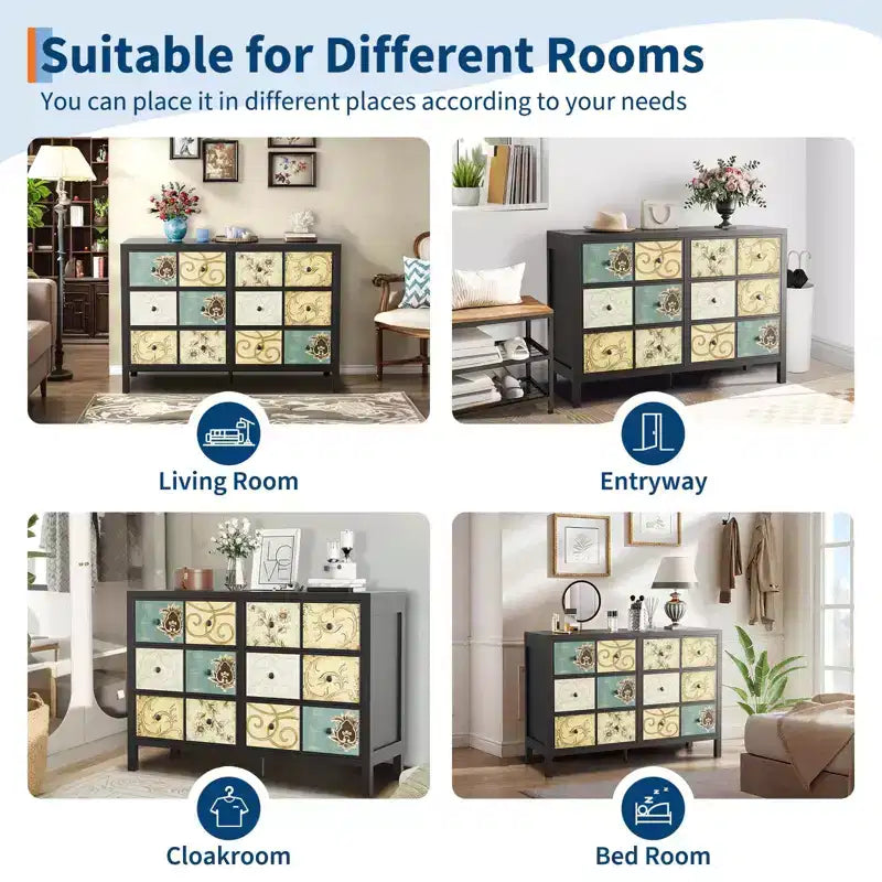 Comò a 6 cassetti per camera da letto, in legno rustico con maniglie in metallo, cassetti con motivo floreale retrò, comò in stile rustico per camera da letto