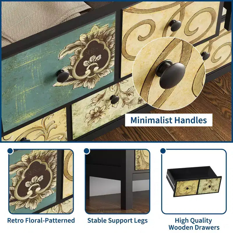 Comò a 6 cassetti per camera da letto, in legno rustico con maniglie in metallo, cassetti con motivo floreale retrò, comò in stile rustico per camera da letto