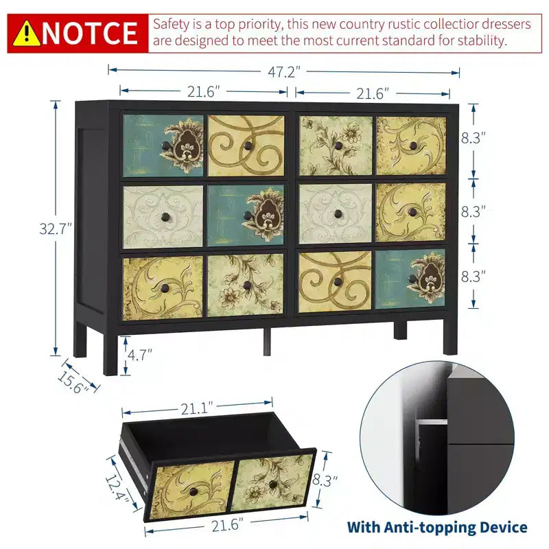 Comò a 6 cassetti per camera da letto, in legno rustico con maniglie in metallo, cassetti con motivo floreale retrò, comò in stile rustico per camera da letto
