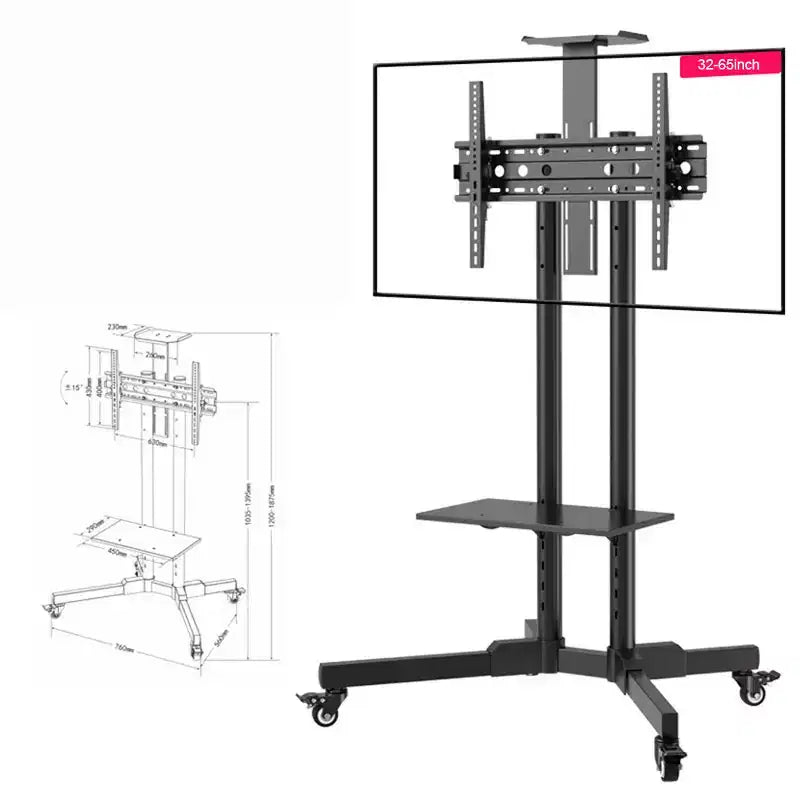 Supporto TV mobile per TV da 32-65 pollici, inclinazione di 15~+15, carrello TV con capacità fino a 50 kg, supporto monitor mobile su ruote con ripiano per laptop per la casa
