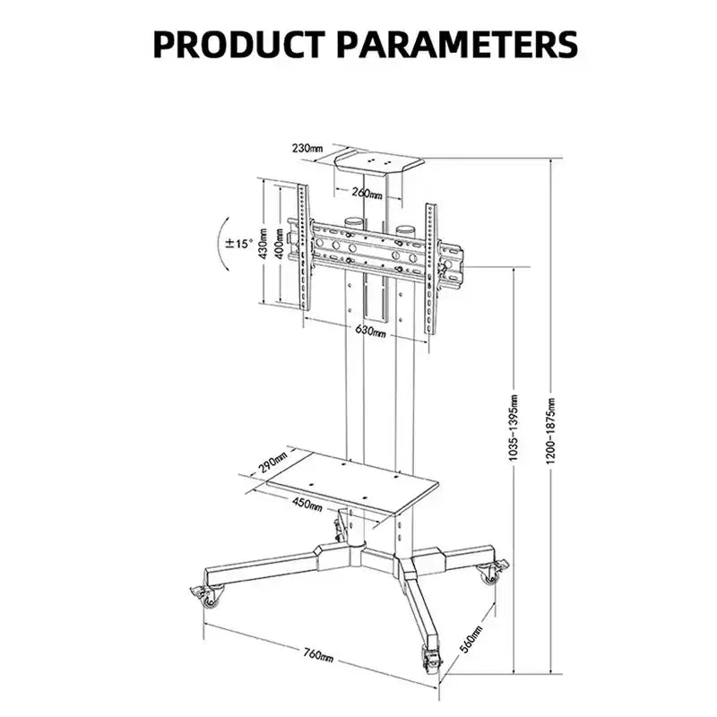 Supporto TV mobile per TV da 32-65 pollici, inclinazione di 15~+15, carrello TV con capacità fino a 50 kg, supporto monitor mobile su ruote con ripiano per laptop per la casa