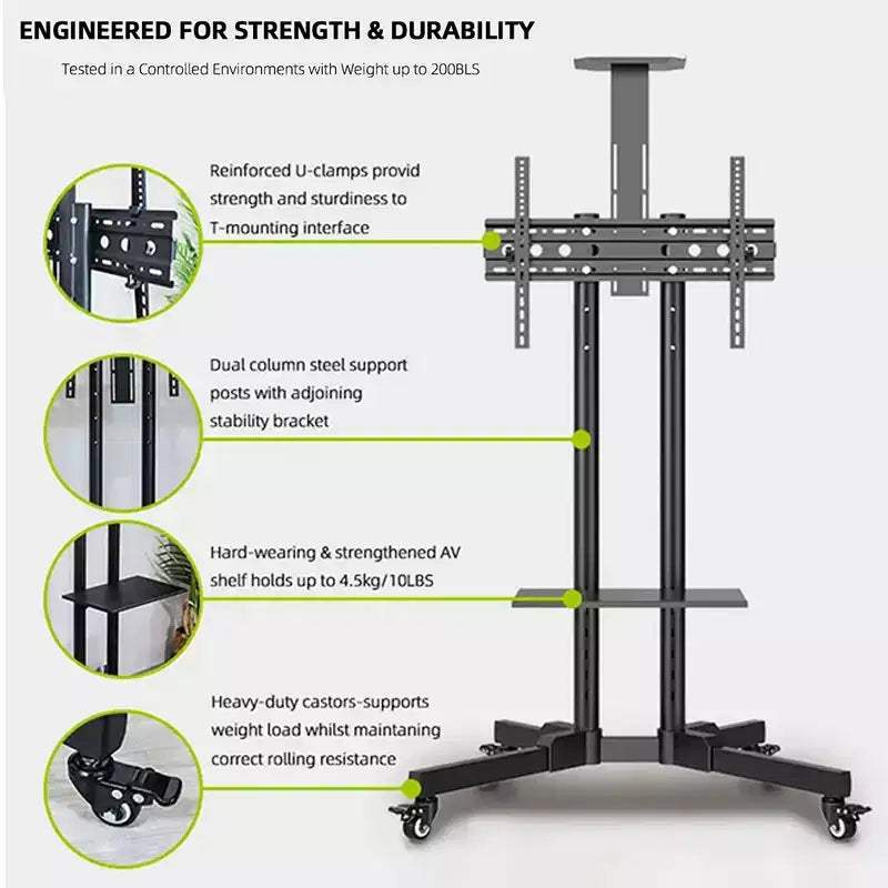 Supporto TV mobile per TV da 32-65 pollici, inclinazione di 15~+15, carrello TV con capacità fino a 50 kg, supporto monitor mobile su ruote con ripiano per laptop per la casa